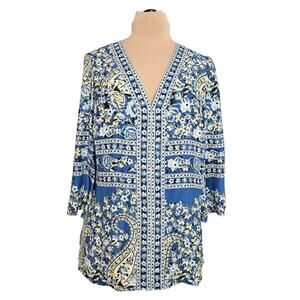 INC International Concepts Silk Blue Tunic Top 3/4 Sleevs Plus Size 14 Floral